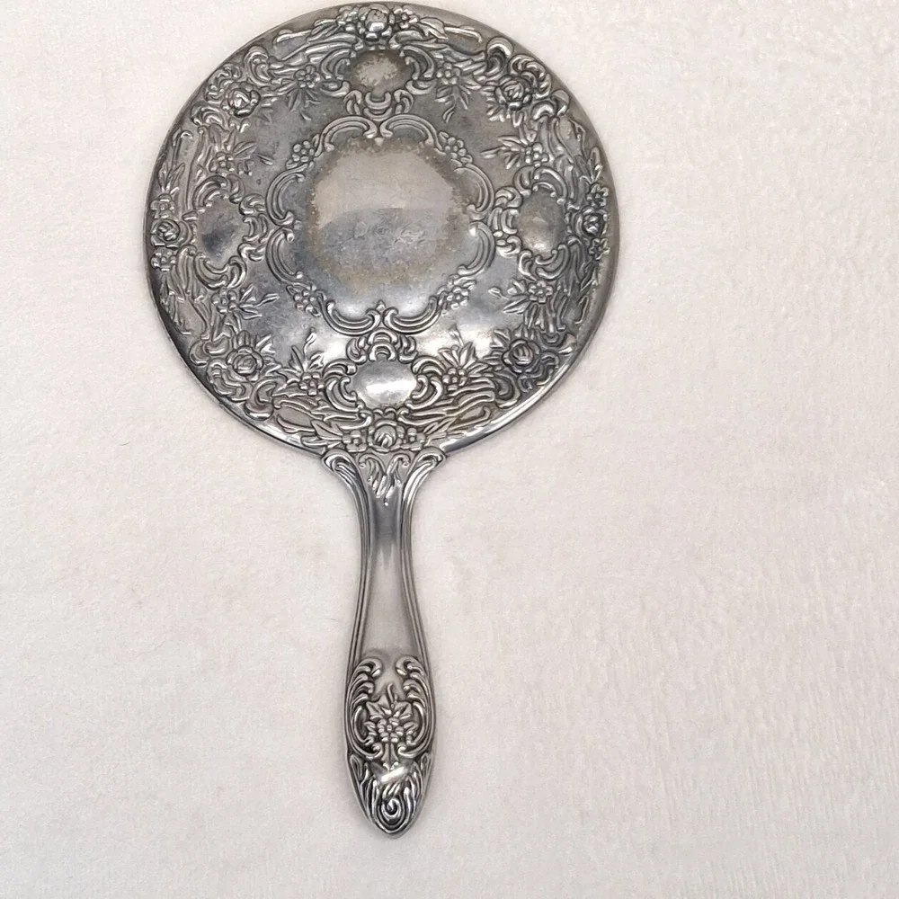 Ornate Silver-Tone Floral Metal Handheld Vanity Mirror Approx. 9 in